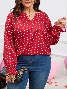 Red Heart Print V-Neck Blouse - Women's Top - 0XL